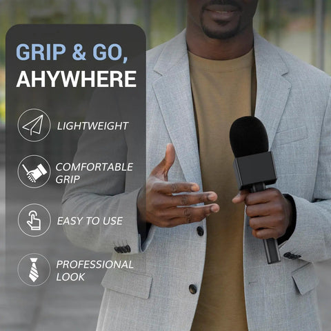 Super Smooth Grip Handheld Adapter For Wireless Lavalier Mics In A Solid Twin Pack Setup Compatible With Dji Rode And Hollyland Gear Perfect For Street Vlogging And Chill Podcast Recording, man holding adapter with microphone.