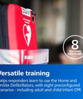 Philips HeartStart AED trainer in red zippered carry case, shows 8 training programs badge
