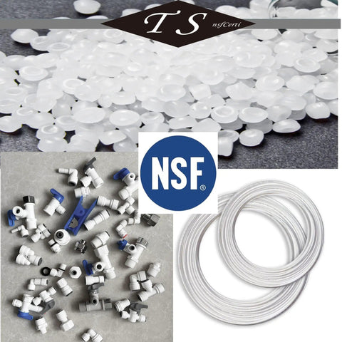 TSnsfCerti NSF 1/4" inch Water Line Tubing with Push to Connect Fittings and POM material close-up, NSF certified