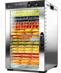 Workhorse Commercial Food Dehydrator Featuring 18 Spacious Stainless Trays And 1100 Watt Heat For Swift Meat Jerky Drying Plus Zero Hassle Digital Controls And Automatic Safety Shutoff, showcasing colorful trays of dried fruits.
