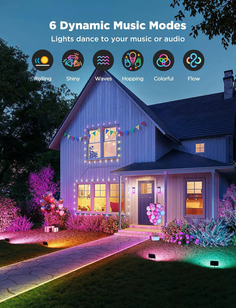 Beast Mode Outdoor Flood Lights Wired Four Pack With Slick IP66 Weatherproof Build Featuring Smart RGBIC Tech, backyard lighting with music modes.