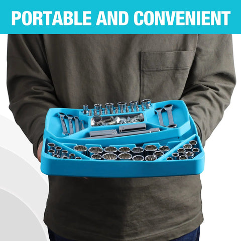 Person holding 2-Piece Silicone Tool Tray Set With Non-Slip Flexible Organizer And Magnetic Tray Large Capacity Storage For Sockets Nuts Bolts And Screwdriver Bits Ideal Gift For Mechanics And Garage DIY Projects filled with tools.