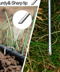 Heavy Duty 5 Inch Galvanized Landscape Staples Pack Of 80 for Weed Barrier Fabric shown installed in soil, close-up view