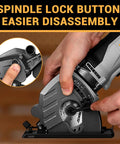 Compact Electric Mini Circular Saw With Adjustable Depth Dial And Three Heavy Duty Blades For Rip Through Wood Plastic And Soft Metal With No Sweat Precision, close-up of spindle lock button.