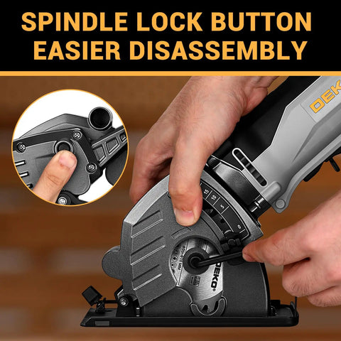 Compact Electric Mini Circular Saw With Adjustable Depth Dial And Three Heavy Duty Blades For Rip Through Wood Plastic And Soft Metal With No Sweat Precision, close-up of spindle lock button.
