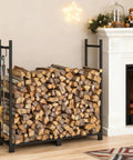 Adjustable Firewood Rack With Cover For Indoor And Outdoor Use, Heavy Duty Log Holder by a fireplace, S Shaped Hooks visible.