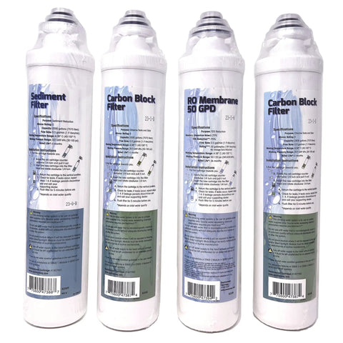 Four filter cartridges for DIY Friendly 50 GPD Replacement Filter Kit For Pura Aquaflo Systems with Quick Change Filters.