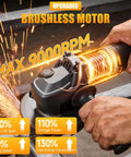 Close-up of Hardcore Cordless Angle Grinder 4 Inch Smooth Operator, brushless motor, 9000 RPM, used for cutting metal.
