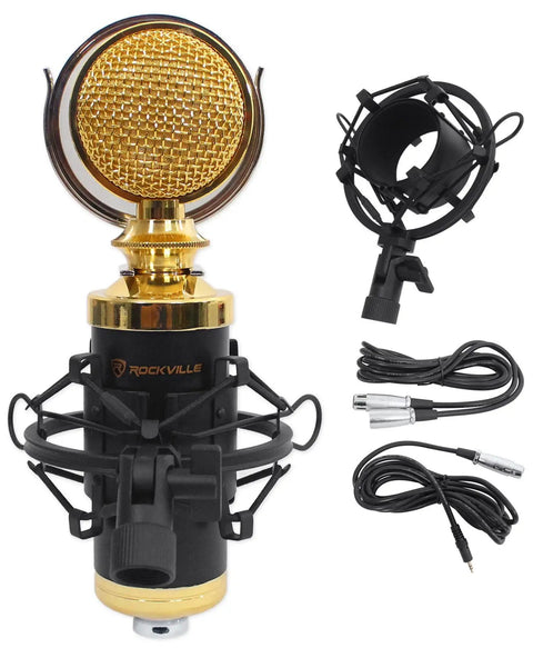 Next Level Podcast Kit With Dual USB Interface Condenser Mics Studio Headphones Adjustable Desk Stands Hassle Free Setup Hit Record Like A Boss Solid Gear For Content Creators Who Wanna Crush It Daily. Gold condenser microphone with shock mount and cables.