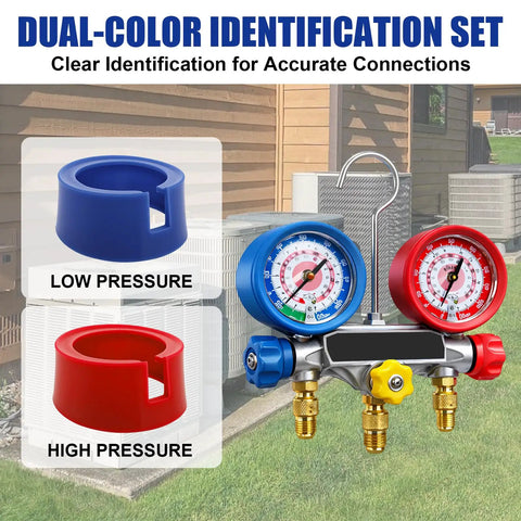 Gotta Have These Premium Rubber HVAC Gauge Boots That Fit Tight Around 3 1/8 Inch AC Manifolds To Shield Prized Refrigerant Dials From Rough Drops Solid Shop Quality Pack Of Two with dual-color caps for low and high pressure.