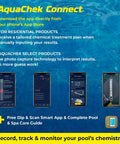 AquaChek Connect app interface for pool testing, showing results and photo capture technology, featuring mobile screens.