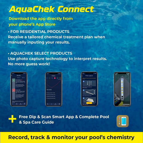 AquaChek Connect app interface for pool testing, showing results and photo capture technology, featuring mobile screens.
