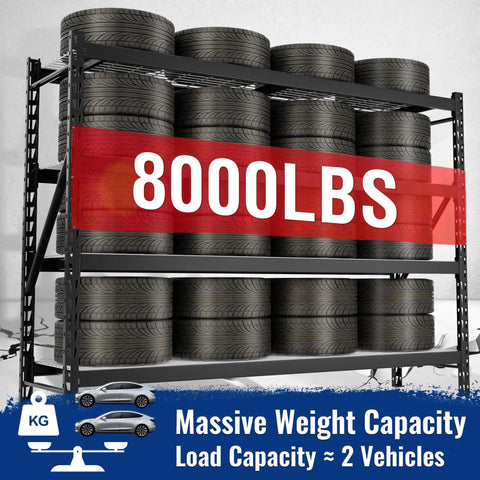 Straight Up Massive Garage Shelving Unit With An Actual 8000 LBS Weight Limit And Extra Wide Adjustable Four Tier Steel Racks Built Tough For Basement Gear Or Warehouse Hauling Black Storage Rack with stacked tires.