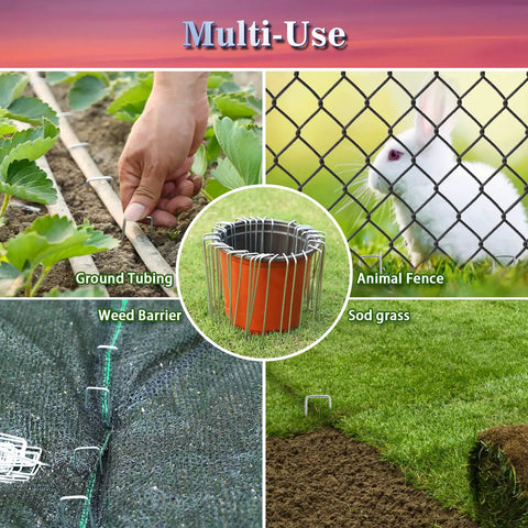 Collage showing 50 Pack 4-Inch Galvanized U Shaped Landscape Staples Garden Stakes for Lawn, Ground Tubing, Animal Fence, Weed Barrier.