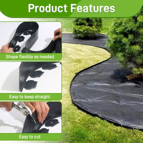 2 Inch By 50 Foot Landscape Edging Border Kit With 75 Anchoring Spikes No Dig Garden Border For Lawn And Flower Beds Garden Pathways Paver Edging Flexible Plastic Border Easy Install Black; showing product features with flexible black edging being shaped and cut for garden use.