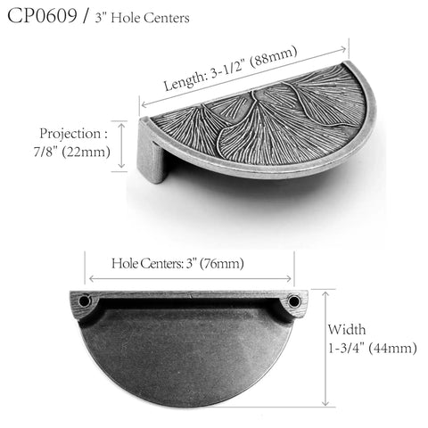 Ginkgo Leaf Cabinet Pulls With Antique Gray Finish 3 Inch Hole Spacing Rustic Kitchen Drawer Handles and Cup Hardware Four Pack side view with measurements