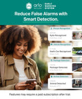 Woman using smartphone with Arlo Secure app showing smart detection features for person, vehicle, package, and animal recognition.