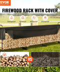Beefy Heavy Duty Outdoor Firewood Rack With Waterproof 600D Oxford Cover Holds Three Quarter Cord Of Wood 152 Inch Long Steel Storage Rack For Patio Deck Porch Indoor Outdoor Use filled with logs, black cover folded back, grassy field background