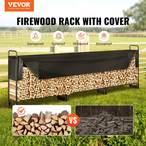 Beefy Heavy Duty Outdoor Firewood Rack With Waterproof 600D Oxford Cover Holds Three Quarter Cord Of Wood 152 Inch Long Steel Storage Rack For Patio Deck Porch Indoor Outdoor Use filled with logs, black cover folded back, grassy field background