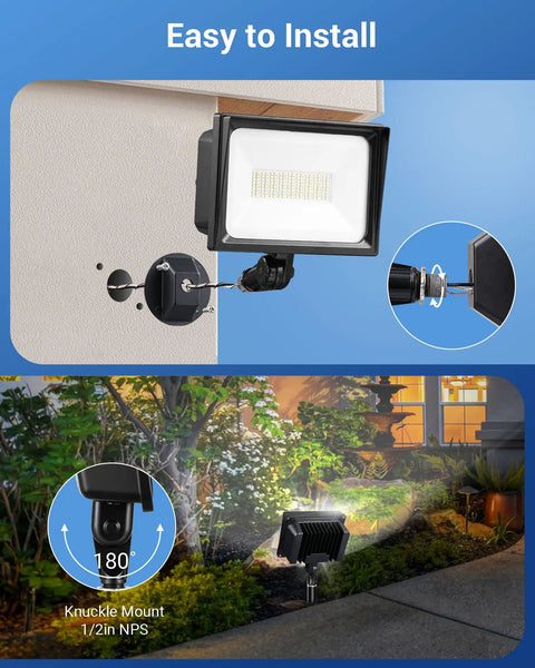 Next-Level 65W Outdoor Security Flood Light Featuring Tough Ip65 Waterproof Housing, mounted for easy installation with knuckle mount.