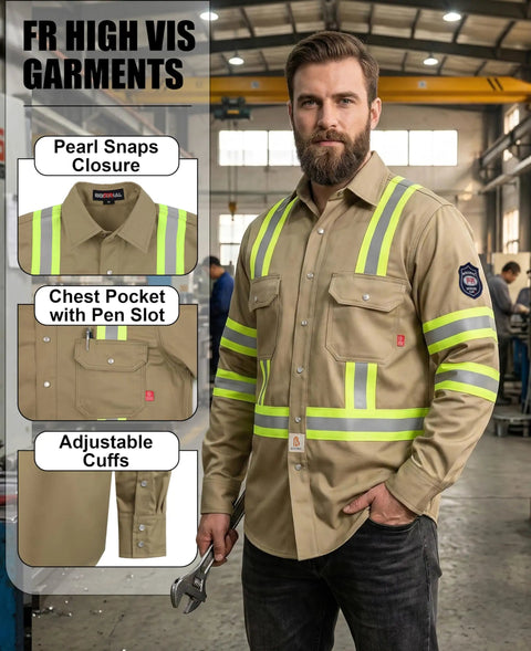 Hi Vis Flame Resistant Work Shirt For Men 7.5oz Khaki Cotton Twill FR With Reflective Tape ANSI ISEA 107, worn by a man in a workshop.