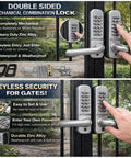 Battery Free Mechanical Combination Code Lock With Double Sided Keypad For Outdoor Gates And Exterior Doors Weatherproof Security Lock For Fences And Rentals on black gate showcasing durability and functionality in use. Close-up of keypad and handle features.
