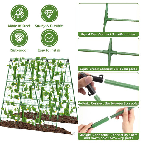 Diagram of Yard-Ready Adjustable A-Frame Garden Trellis For Cucumbers And Other Climbing Plants with connectors and net setup.
