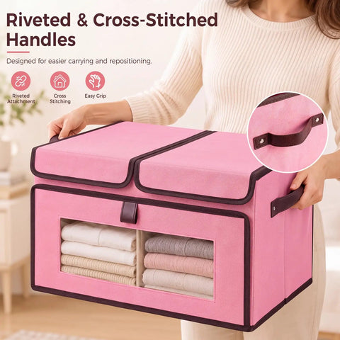 No Hassle Straight Up Foldable Fabric Storage Bins With Tough Lids And Transparent Panels For Rapid Grab Makes Home Sorting A Total Cinch lightweight pink storage bin with cross-stitched handles and clear panel.