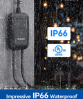 Heavy Duty Outdoor Smart Plug IP66 Waterproof WiFi Outlet mounted on a wall in the rain with string lights in the background.