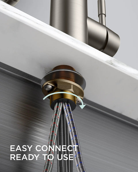 Brushed Nickel Kitchen Faucet With Pull Down Sprayer Stainless Steel Commercial Single Handle installation view