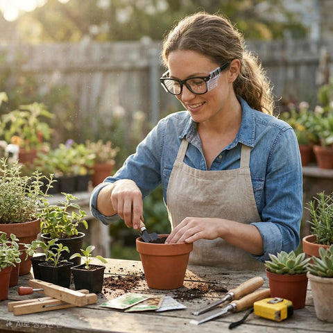 A woman gardening wearing Heavy Duty Photochromic Safety Glasses With ANSI Z87 Approval, light adapting lenses, and an apron.