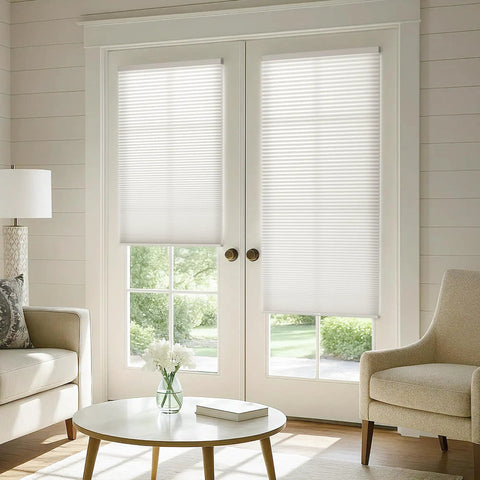 Hassle Free No Drill Cordless Cellular Shades For Doors And Windows Crisp White Adjustable Window Treatment in bright living space.