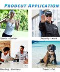 Product application scenarios showing uses for a wearable mini body camera with 1080P HD video and audio, 64GB card included.