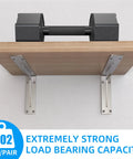 Heavy Duty Shelf Brackets 12x8x2 Inches, One Fifth Inch Thick Solid Stainless Steel L Brackets, wall-mounted, holding a dumbbell