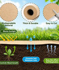 Biodegradable Paper Weed Barrier 2 Pack 100 Feet Each for garden and lawn showing features like sunlight blocking, easy cut.