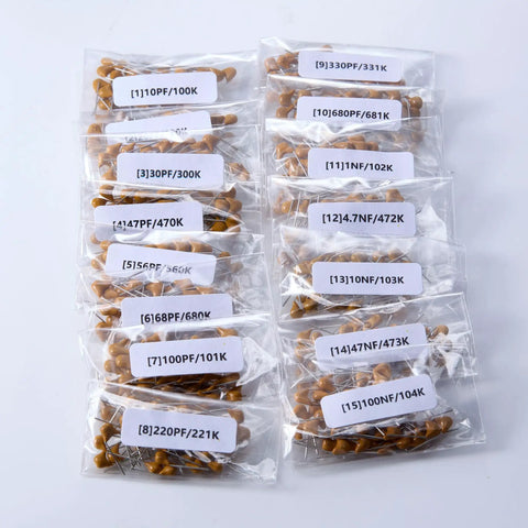 Hustler Ready 600 Piece Ceramic Capacitor Assortment Kit with labeled packs of ceramic capacitors for electronic projects.