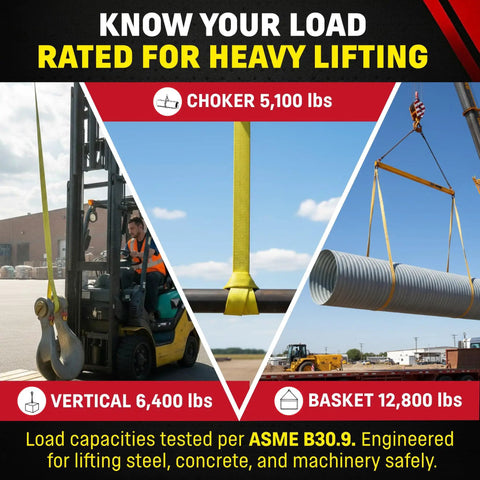 2 Inch By 8 Foot Nylon Lifting Sling Built Tough For Real Lifts USA Made 2 Ply 900 Webbing Type 3 Flat Eye And Eye Rigging Rated 6400 Lb Vertical 5100 Lb Choker 12800 Lb Basket Load Capacity displayed in various load tests, including forklift lift, choker, and basket rigging.