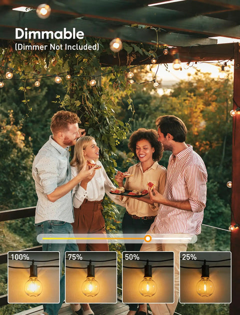 People enjoying a backyard party under LED Outdoor String Lights 109 Ft With 52 Edison Shatterproof Bulbs Plus 2 Spares, Dimmable.