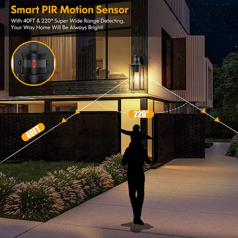 Two Pack Motion Sensor Outdoor Lights Modern Matte Black Wall Lanterns Porch Sconces Exterior Light Fixtures at night