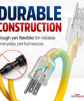 Fifty Foot Heavy Duty Outdoor Extension Cord In Bright Yellow Delivers Pro Grade Power With A Gutsy 12 Gauge 3 Prong Plug showing durable construction.