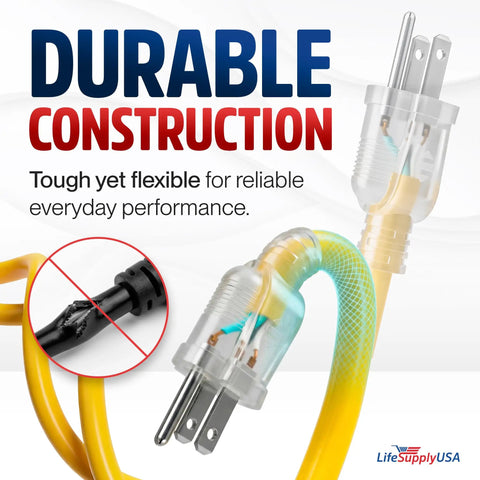 Fifty Foot Heavy Duty Outdoor Extension Cord In Bright Yellow Delivers Pro Grade Power With A Gutsy 12 Gauge 3 Prong Plug showing durable construction.