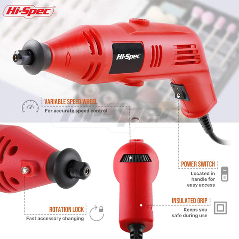 Rock Solid 130W Corded Rotary Multi Tool Kit For Cutting Drilling Engraving And Polishing With Dremel Compatible Bits, red with variable speed wheel.