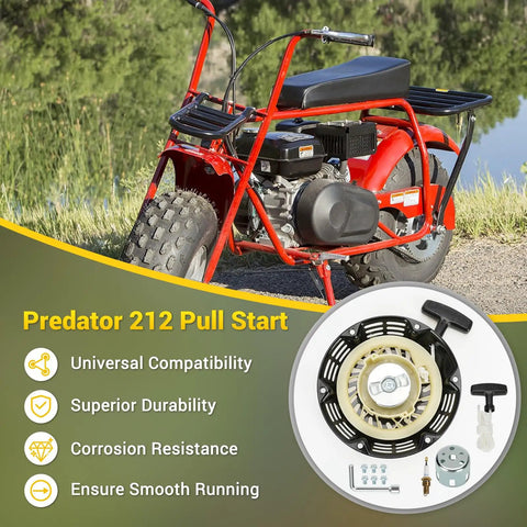 Pull Start Recoil Starter Assembly Replacement for Predator 212cc and 196cc Engines beside red Coleman Mini Bike