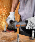 No Nonsense 4-1/2 Inch Angle Grinder 7 Amp 12000 Rpm cutting metal with sparks flying, durable housing in action.