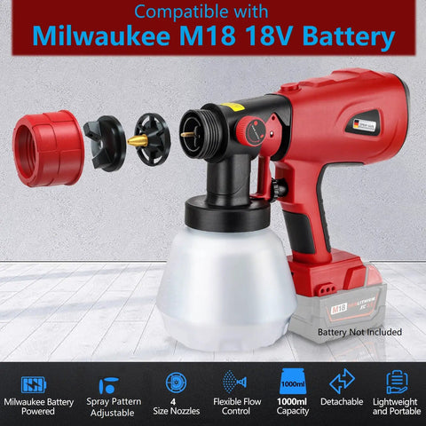 Pro Level Cordless Paint Sprayer Fits Milwaukee M18 Battery 1000Ml Hvp Spray Gun with adjustable spray pattern and copper tips.