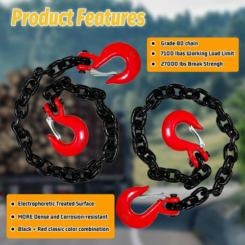 2 Pack Three Eighth Inch G80 Trailer Safety Chains 36 Inch With G70 Clevis Hooks 7100 Lb Working Load 27000 Lb Break Strength Beefy Heavy Duty