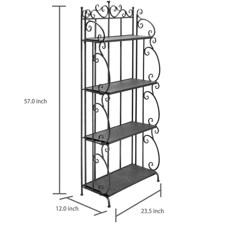 Black Metal Freestanding Storage Rack With Four Wood Shelves And Decorative Scrollwork, 57x23.5x12 inch, ideal for plants and photos.