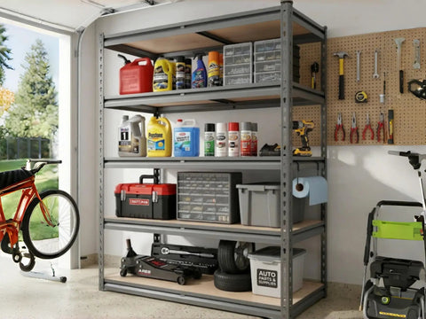Hella Tough 5 Tier Metal Storage Rack With Fully Adjustable Shelves And 2000 Pound Capacity displaying organized tools and bins in a garage setting.