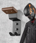 Heavy Duty Solid Steel And Premium Natural Wood Motorcycle Helmet Wall Mount Rack With Rust Resistant Matte Black Finish Built Tough For Motorcyclists Rock Solid Garage Gear Stash Two Pack with helmet and jacket