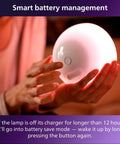 Hands holding Smart Portable Dimmable Table Lamp for Indoor and Outdoor Use with Color Changing LED Ambiance, IP54 rated